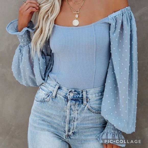 Sky Blue Top/Bodysuit w/Sheer Popcorn Sleeves - Picture 2 of 5